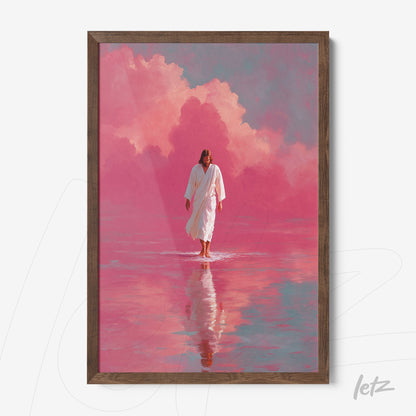framed artwork of a religious figure walking on water with a pink background and clouds
