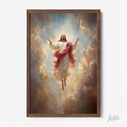 framed religious artwork of resurrected Jesus in white robes and red sash with dark wooden frame