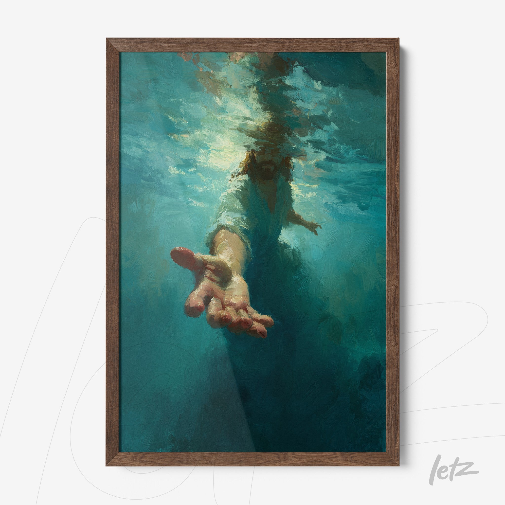 framed digital artwork of a submerged person reaching out a hand for help with a dark wood frame