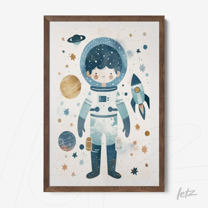 framed children's art of an astronaut with a space background featuring planets and stars in a light wood frame