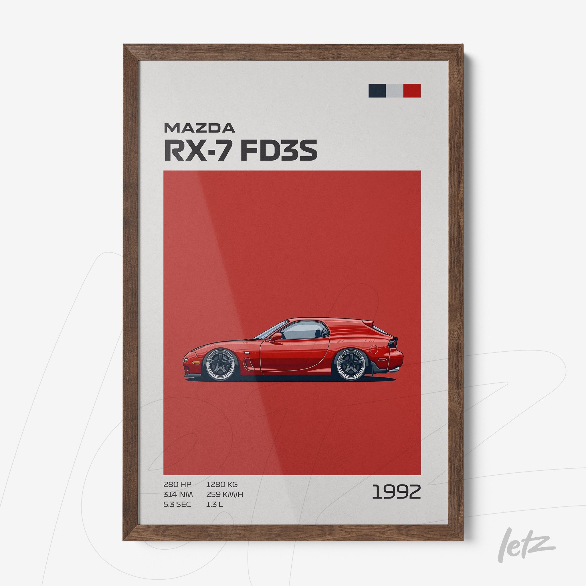 framed minimalistic illustration of Mazda RX-7 FD3S on vibrant red background with dark wood frame