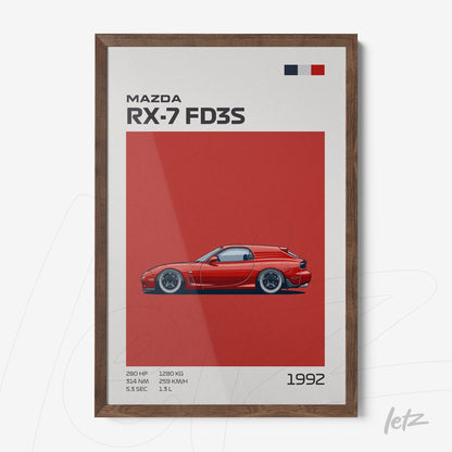 framed minimalistic illustration of Mazda RX-7 FD3S on vibrant red background with dark wood frame