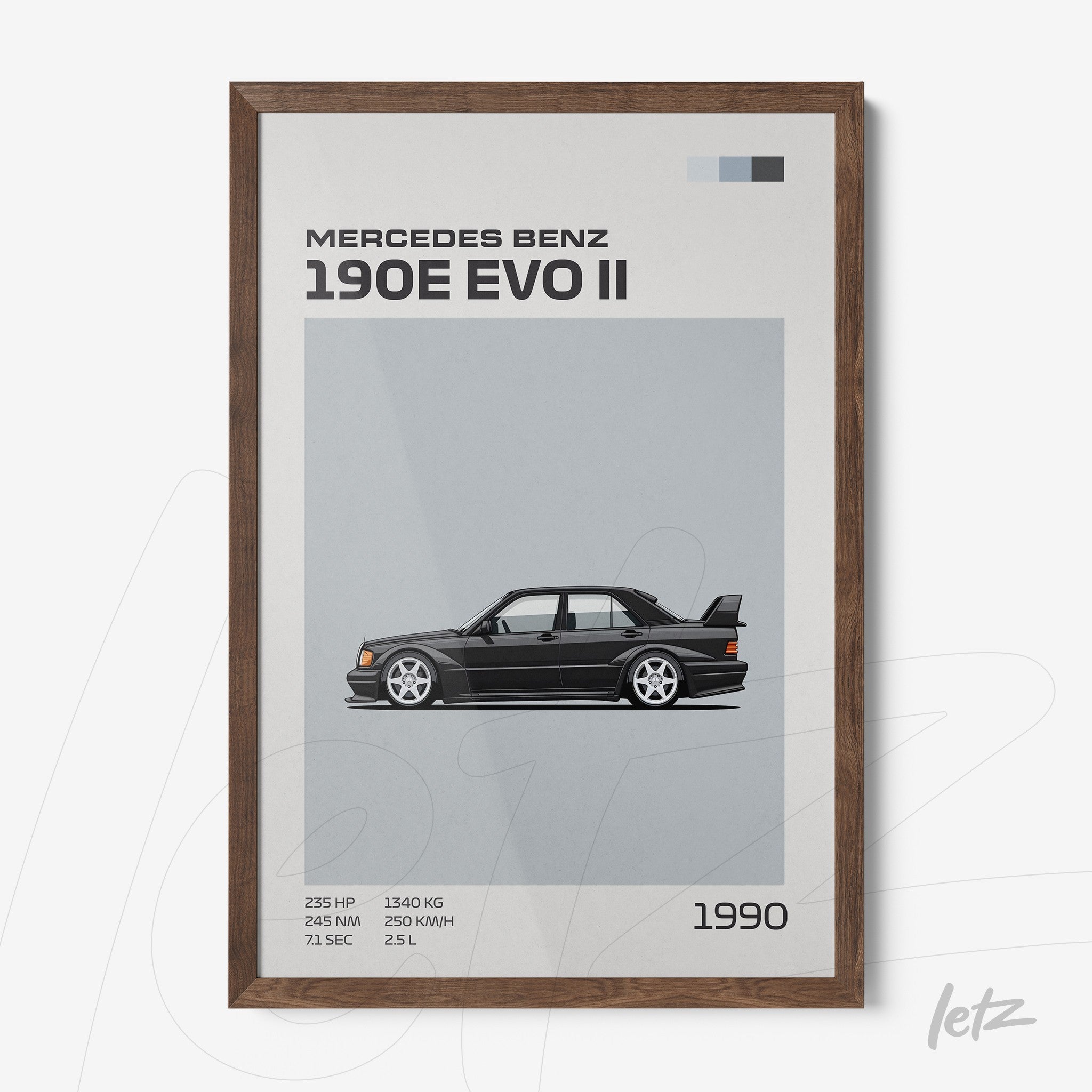 framed art print of the Mercedes Benz 190E EVO II in dark wood frame