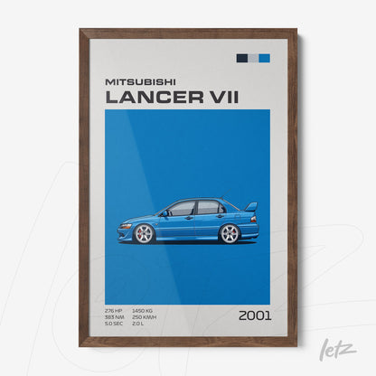 minimalist wall art featuring Mitsubishi Lancer VII against a blue background with light wood frame