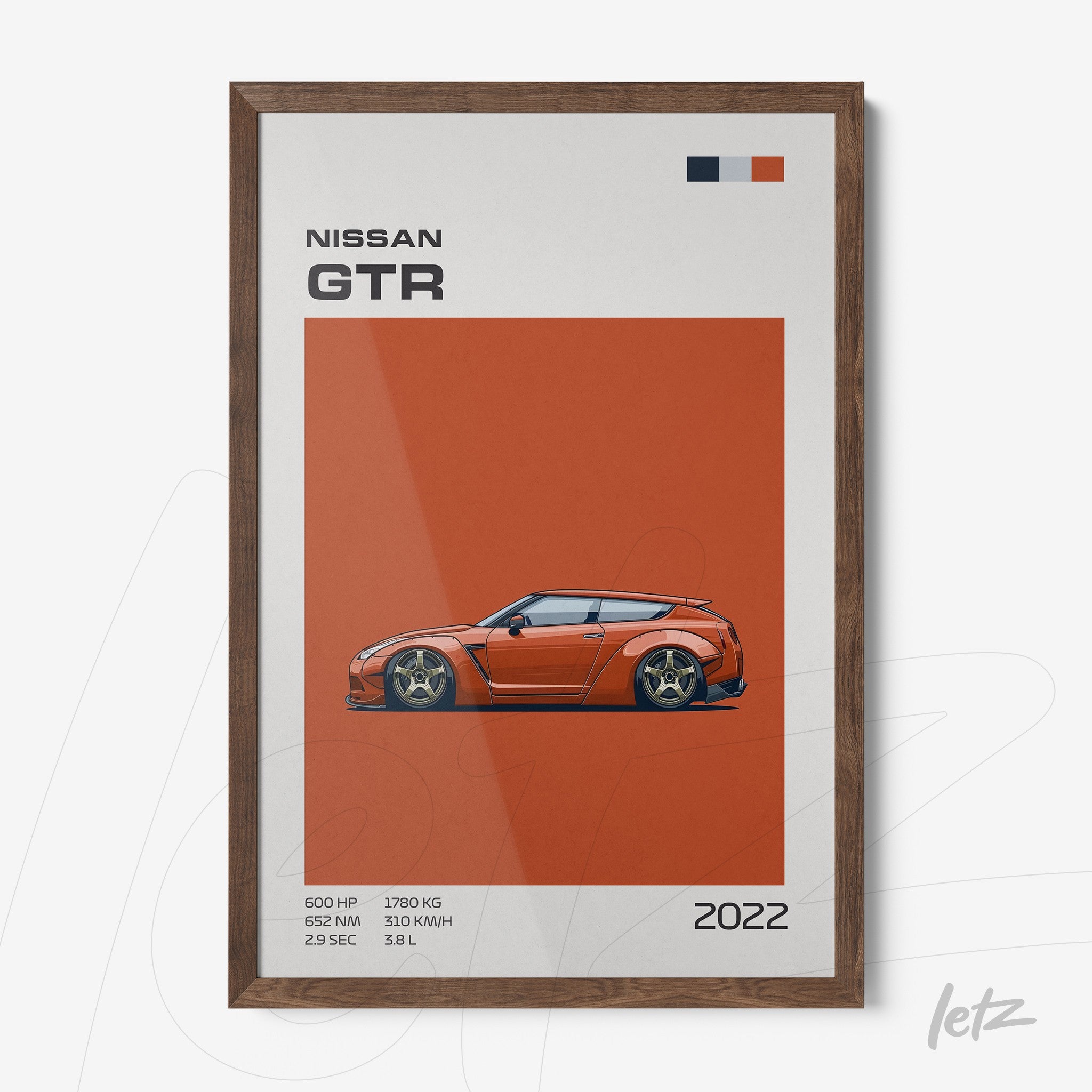 framed artwork of a Nissan GTR car illustration on an orange background with dark wooden frame