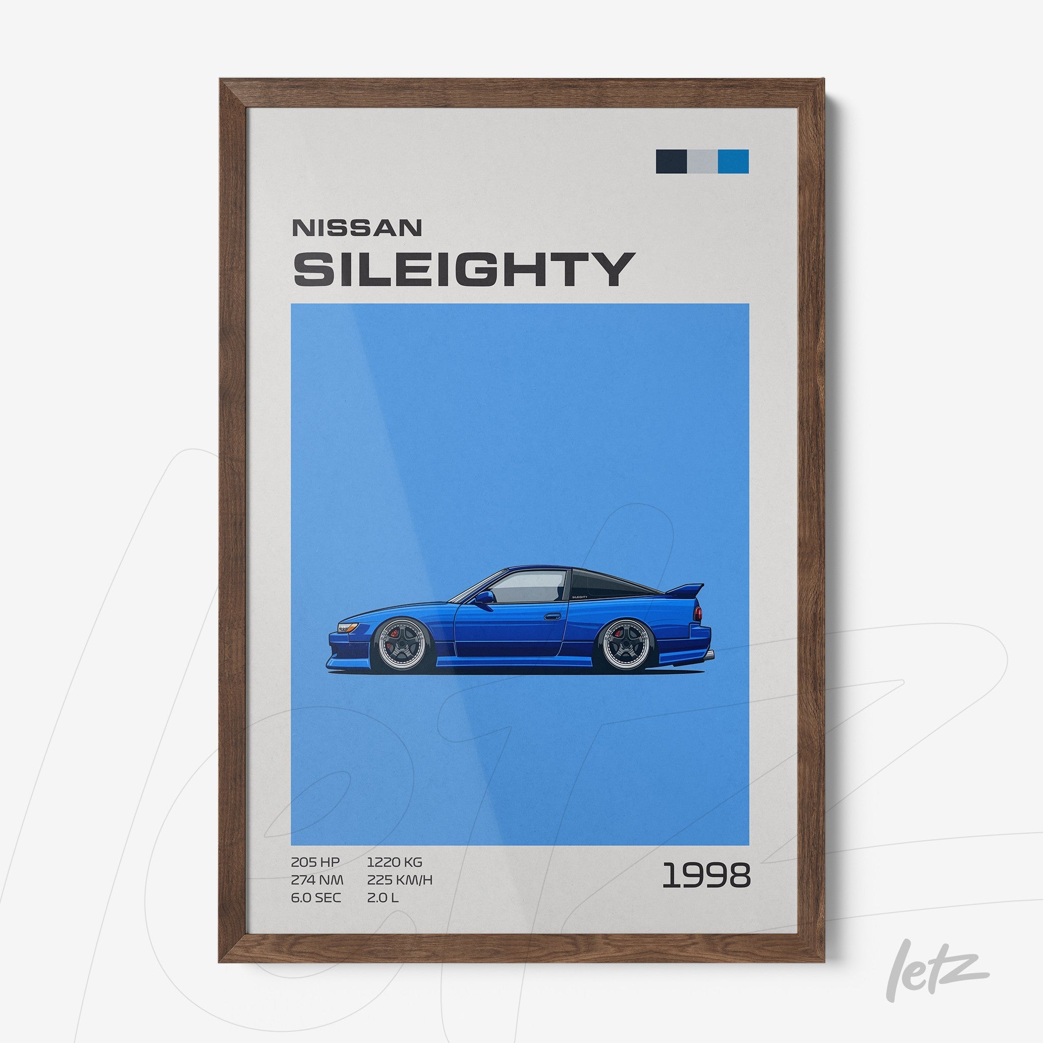 framed art print featuring a stylized illustration of a nissan sileighty on vibrant blue background with dark wood frame