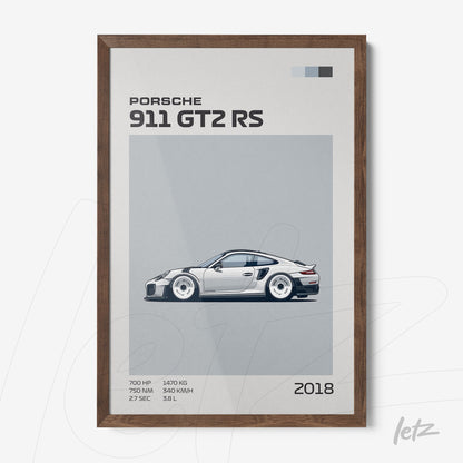 framed wall art featuring minimalistic illustration of a 2018 Porsche 911 GT2 RS in a dark wood frame