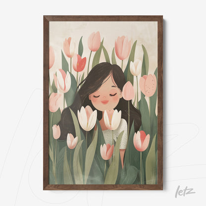 framed artwork of a woman in a tulip field with dark wooden frame