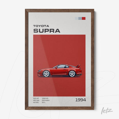 framed wall art featuring the 1994 Toyota Supra on a red background with a dark wood frame