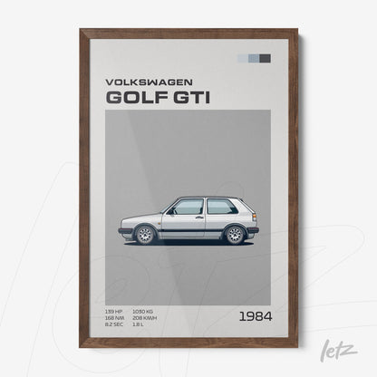 framed wall art featuring a minimalist illustration of a Golf GTI car in dark wood frame