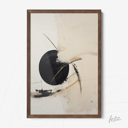 abstract wall art in neutral tones with black accents, framed in light wood