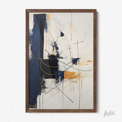 abstract wall art featuring shades of blue and yellow with a dark wood frame