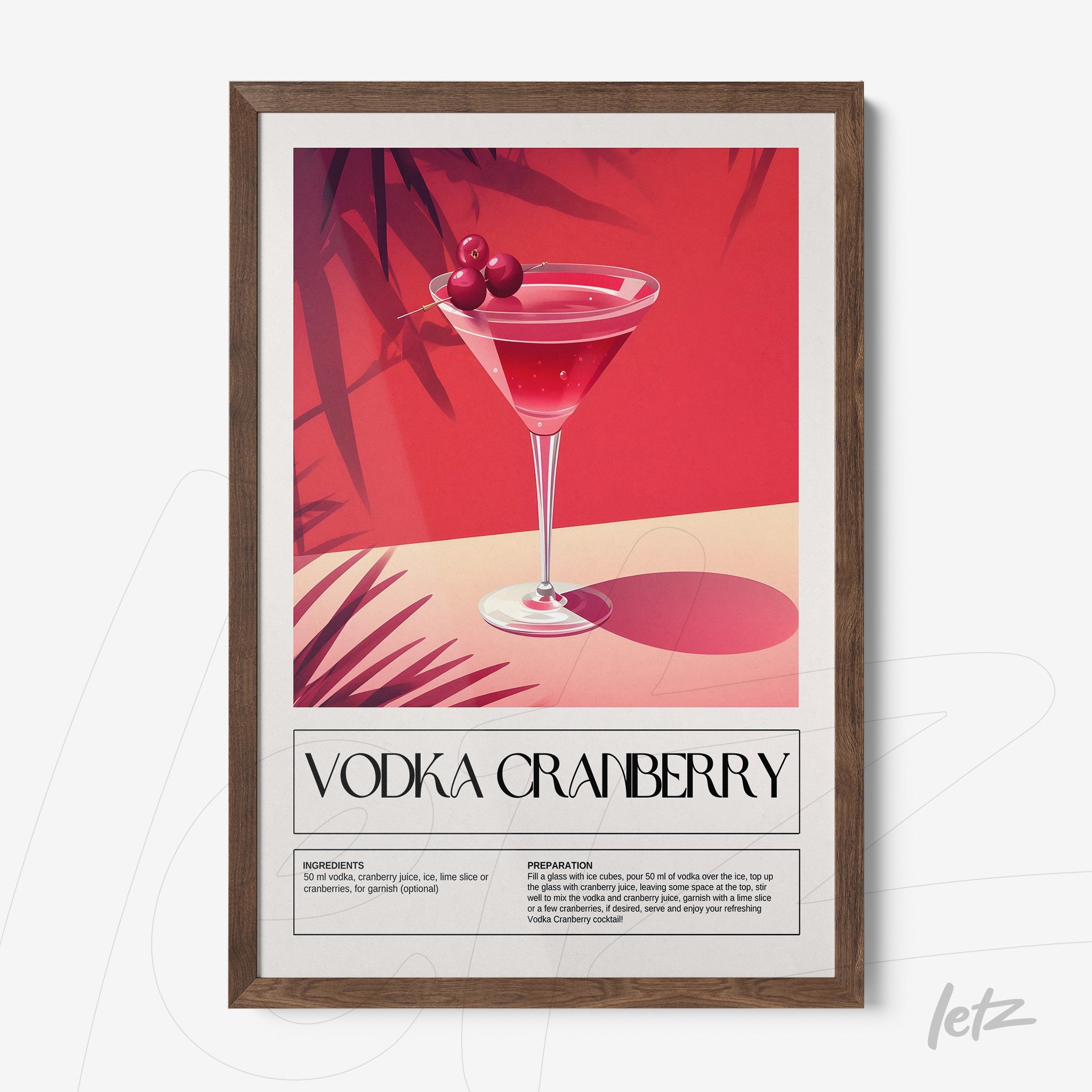 framed wall art featuring a vodka cranberry cocktail illustration with a dark wood frame