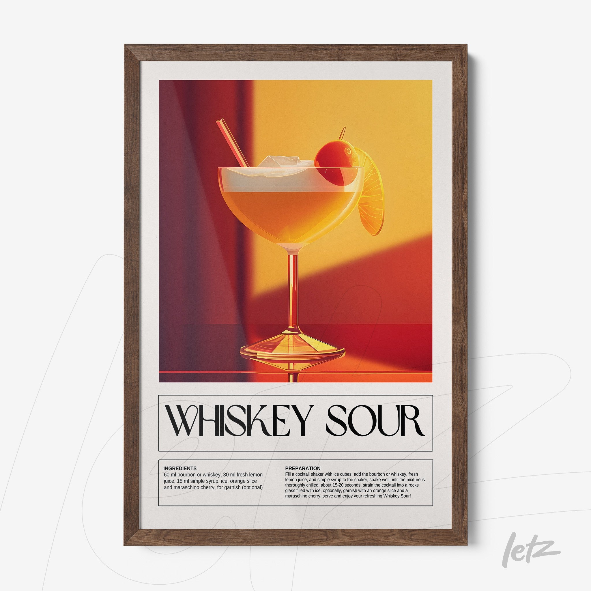 framed wall art featuring a whiskey sour cocktail illustration with a dark wooden frame and a vibrant warm background