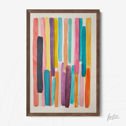 decorative frame with abstract art in vibrant shades of pink, blue, and yellow, set in a dark wooden frame