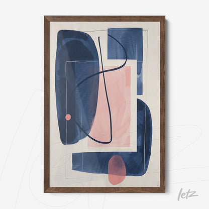 framed wall art featuring abstract design in shades of blue and pink with dark wood frame