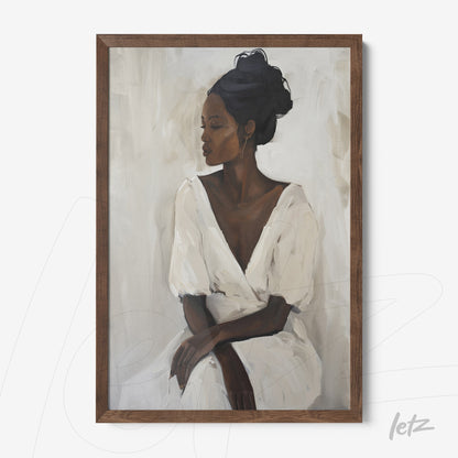 framed wall art featuring a feminine portrait in neutral tones, light background, and dark wood frame