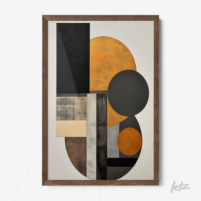 decorative wall art featuring geometric composition in shades of orange, black, and gray, framed in dark wood