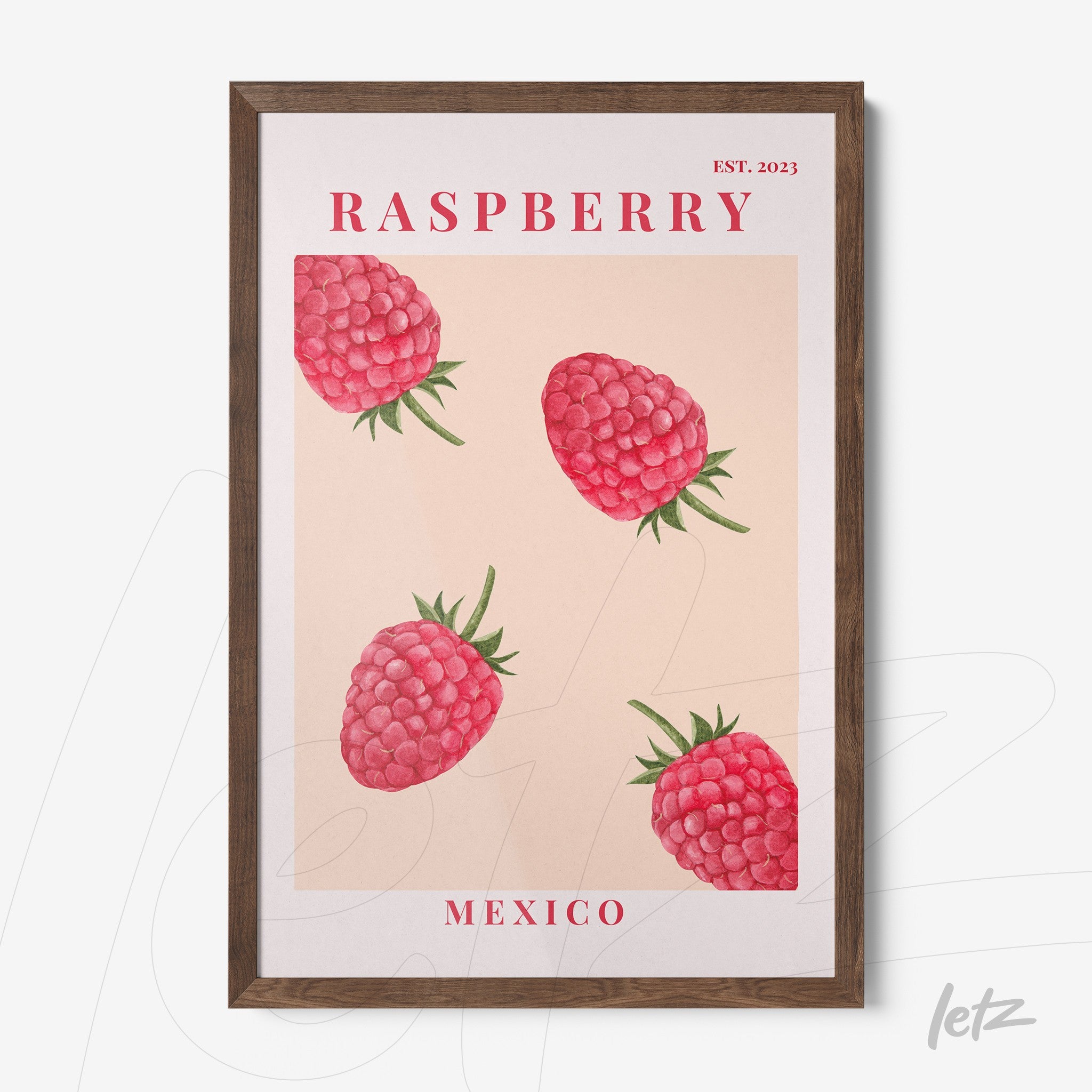 framed wall art featuring illustrative raspberries on a light background with a dark wood frame
