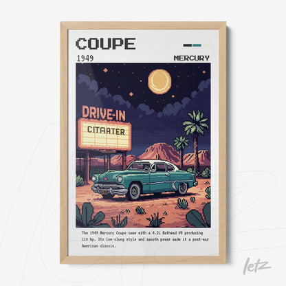 retro digital artwork of a 1949 mercury coupe in a nighttime drive-in setting with mountains in the background