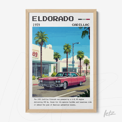 retro wall art featuring a 1959 Cadillac Eldorado on a street lined with palm trees, in a light wooden frame