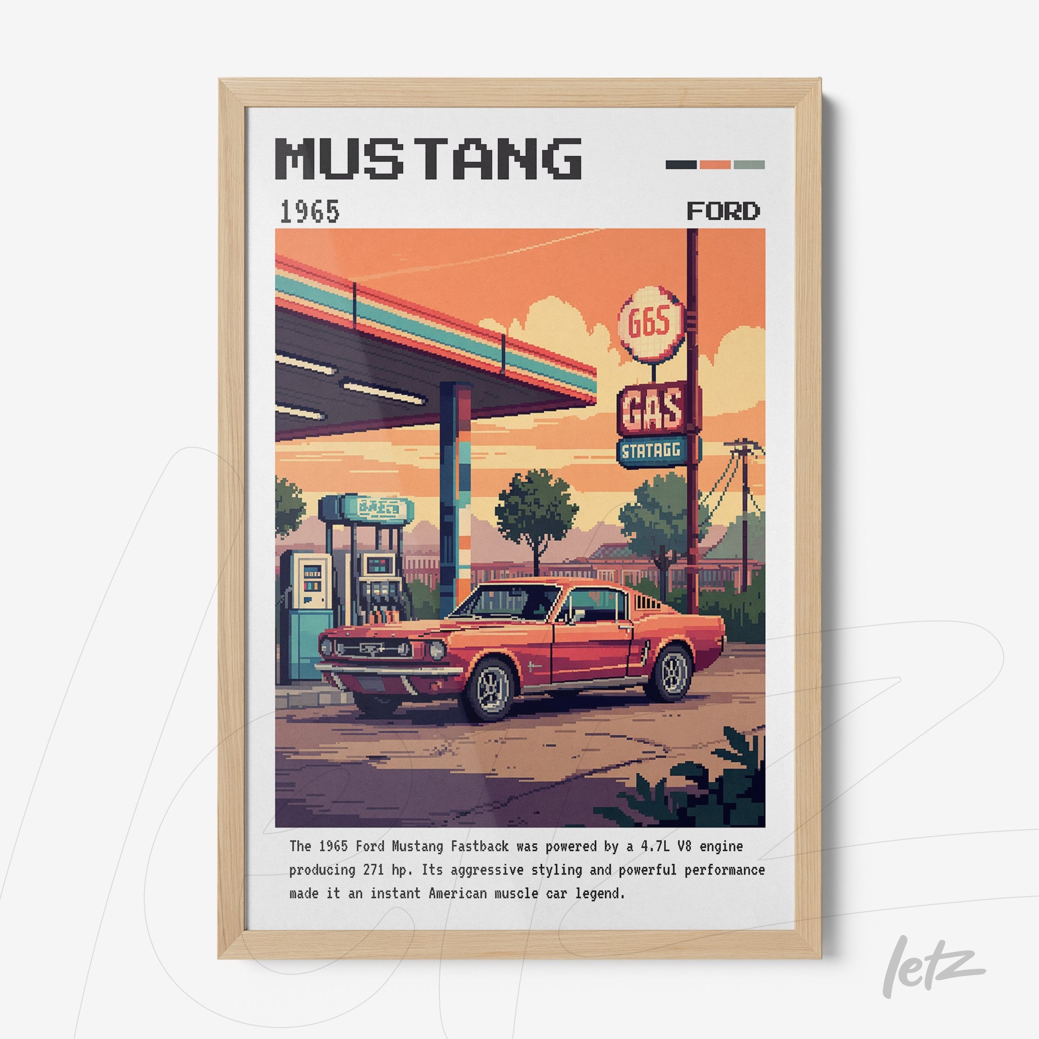pixel art of a 1965 Ford Mustang in front of a gas station with a light wooden frame