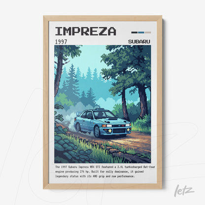 framed artwork featuring a stylized illustration of a Subaru Impreza WRX STI driving on a rural road surrounded by green trees and a blue background