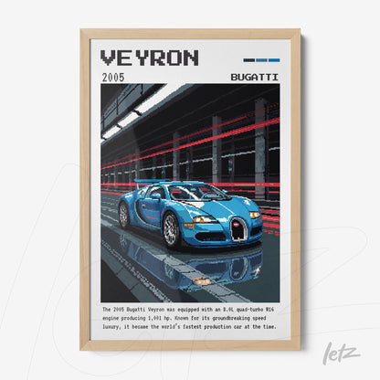 framed digital art of a Bugatti Veyron sports car with a light wood frame and urban background
