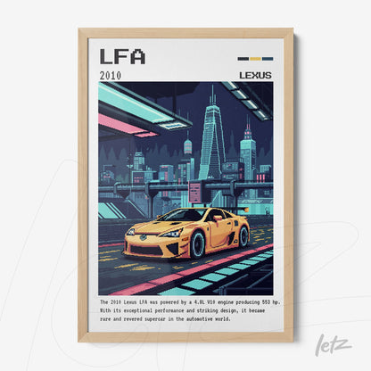 framed artwork featuring a yellow LFA 2010 sports car in a vibrant nighttime cityscape with a light wood frame