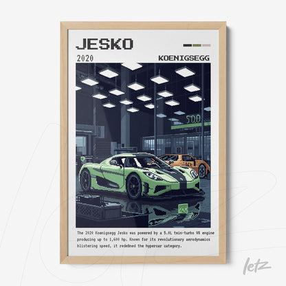 framed pixel art of a Jesko car in a well-lit garage with light wood frame