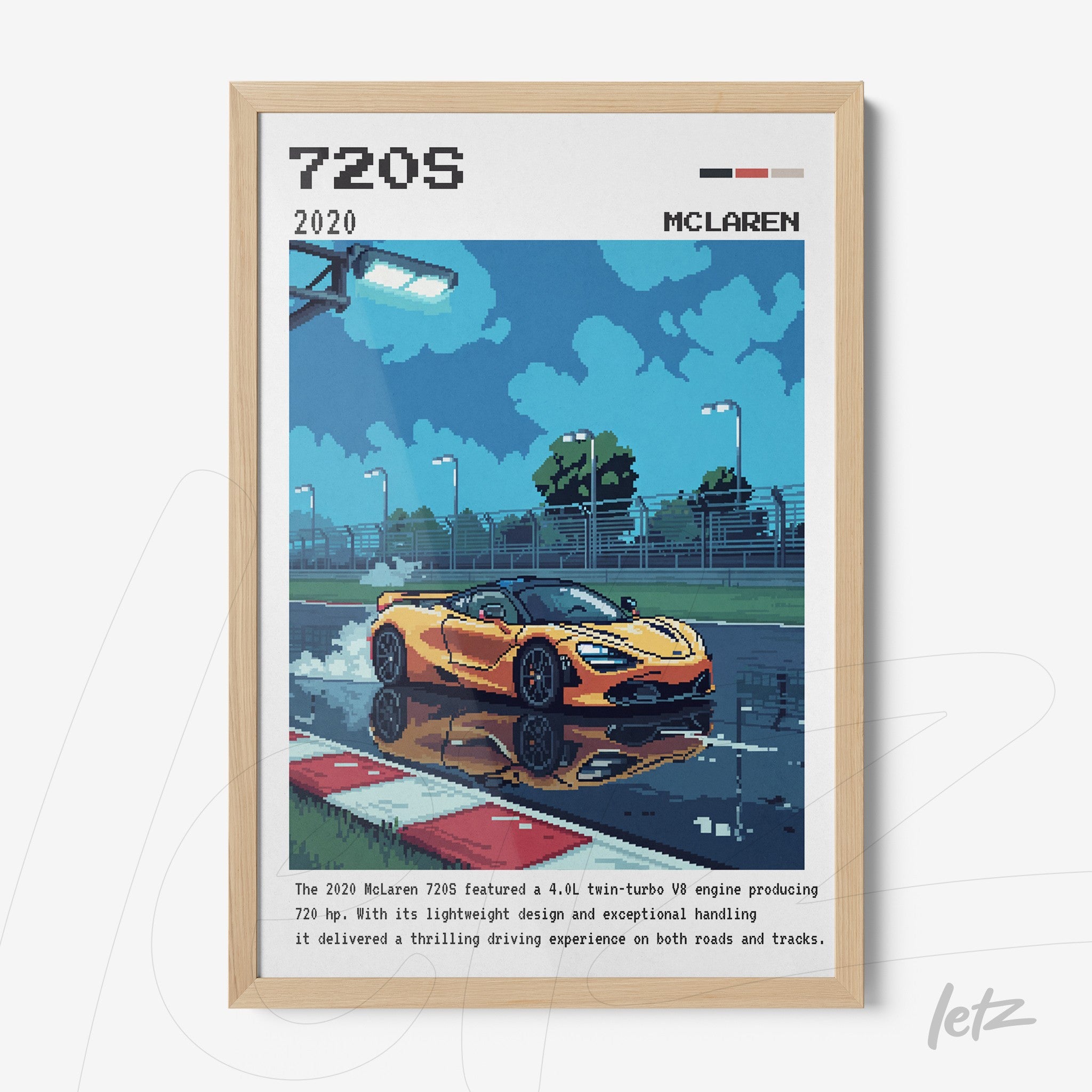 digital art frame of McLaren 720S sports car on racetrack with light wood frame