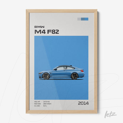framed artwork of the BMW M4 F82 car in light wood frame with blue background