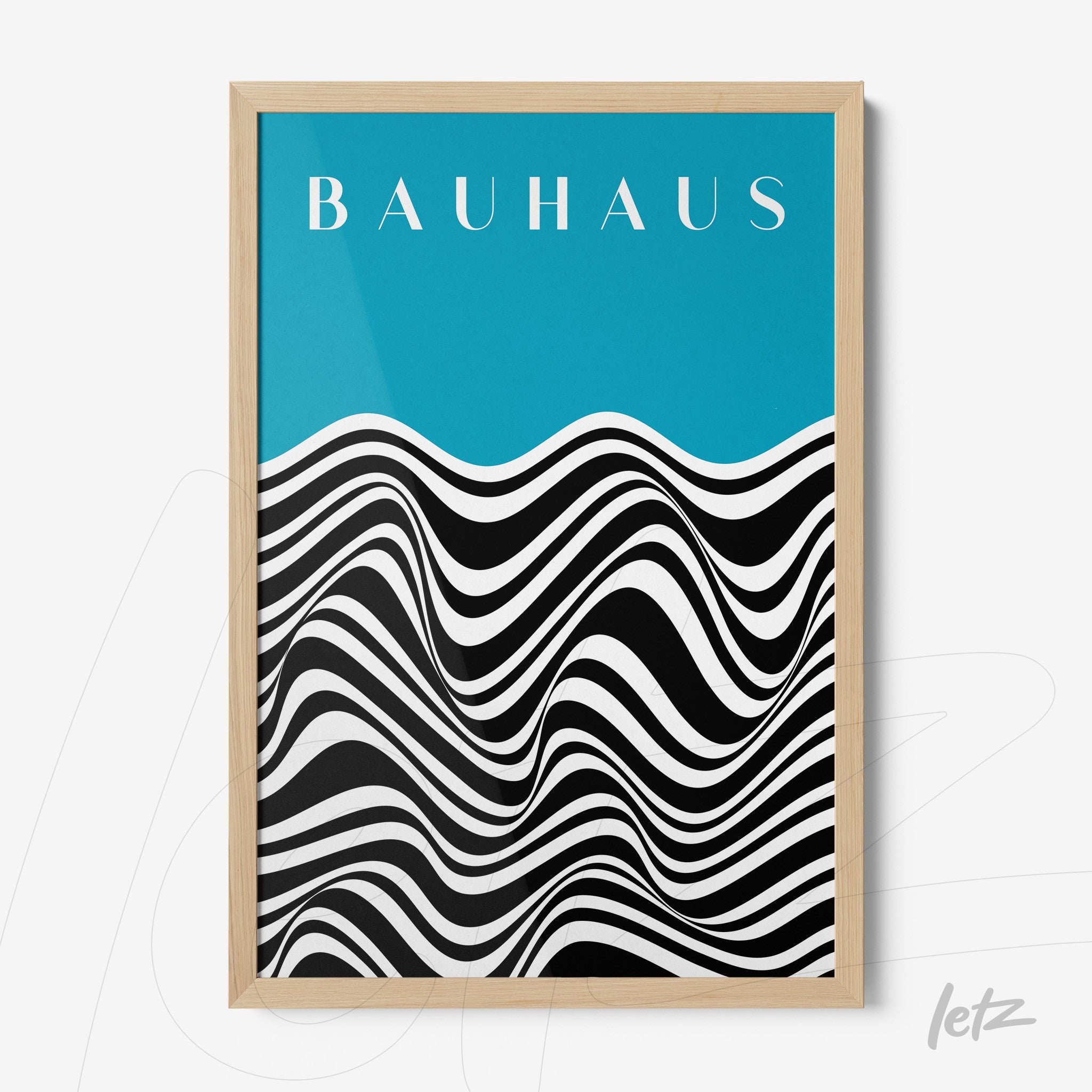 light wood framed art with black and white wave pattern on blue background with stylized text
