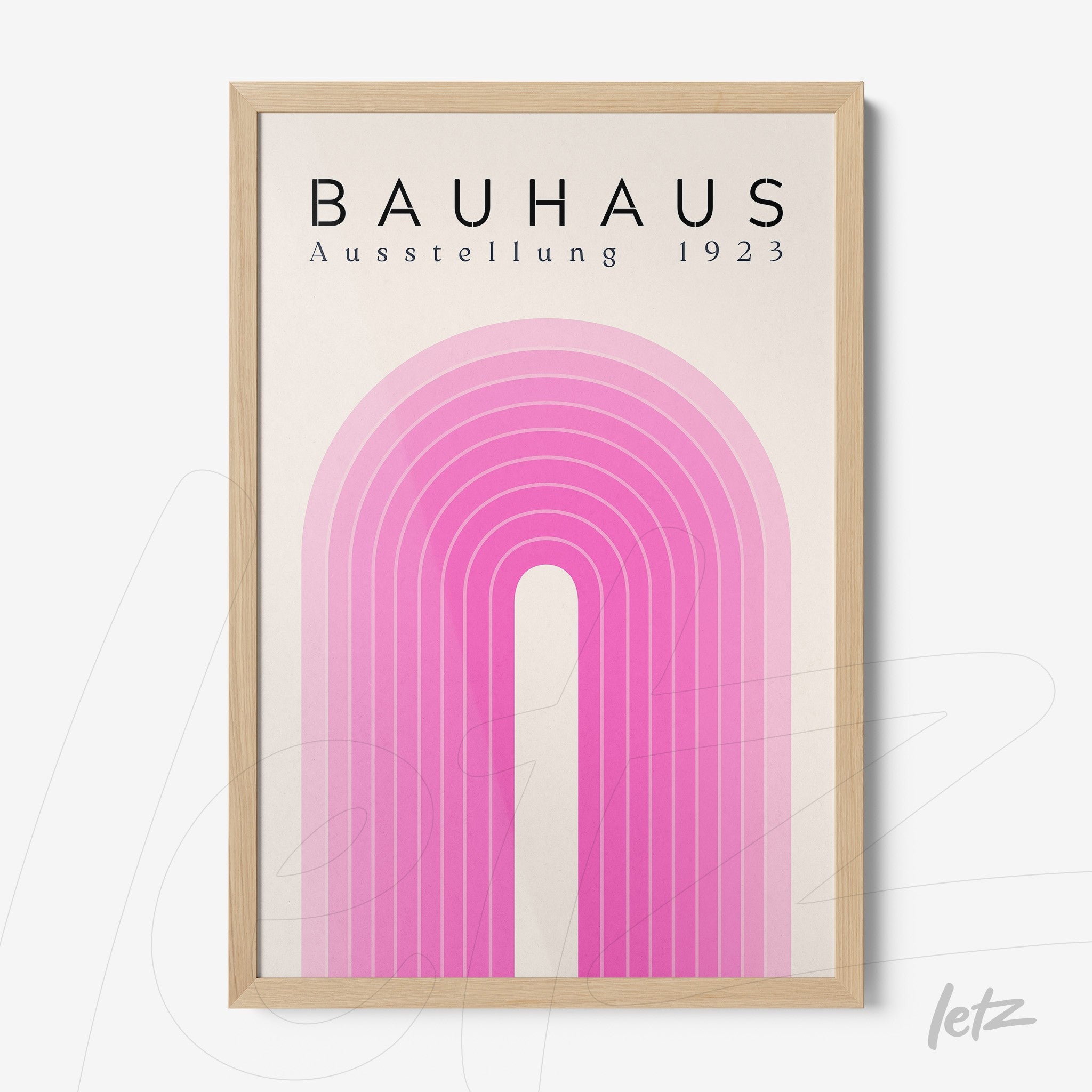 poster print with minimalist pink arch design in light wood frame