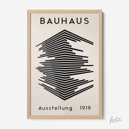 poster featuring geometric Bauhaus design with light wood frame