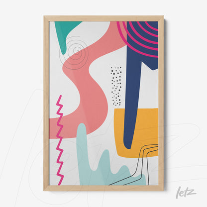 quadro abstrato com formas geométricas coloridas em moldura de madeira clara