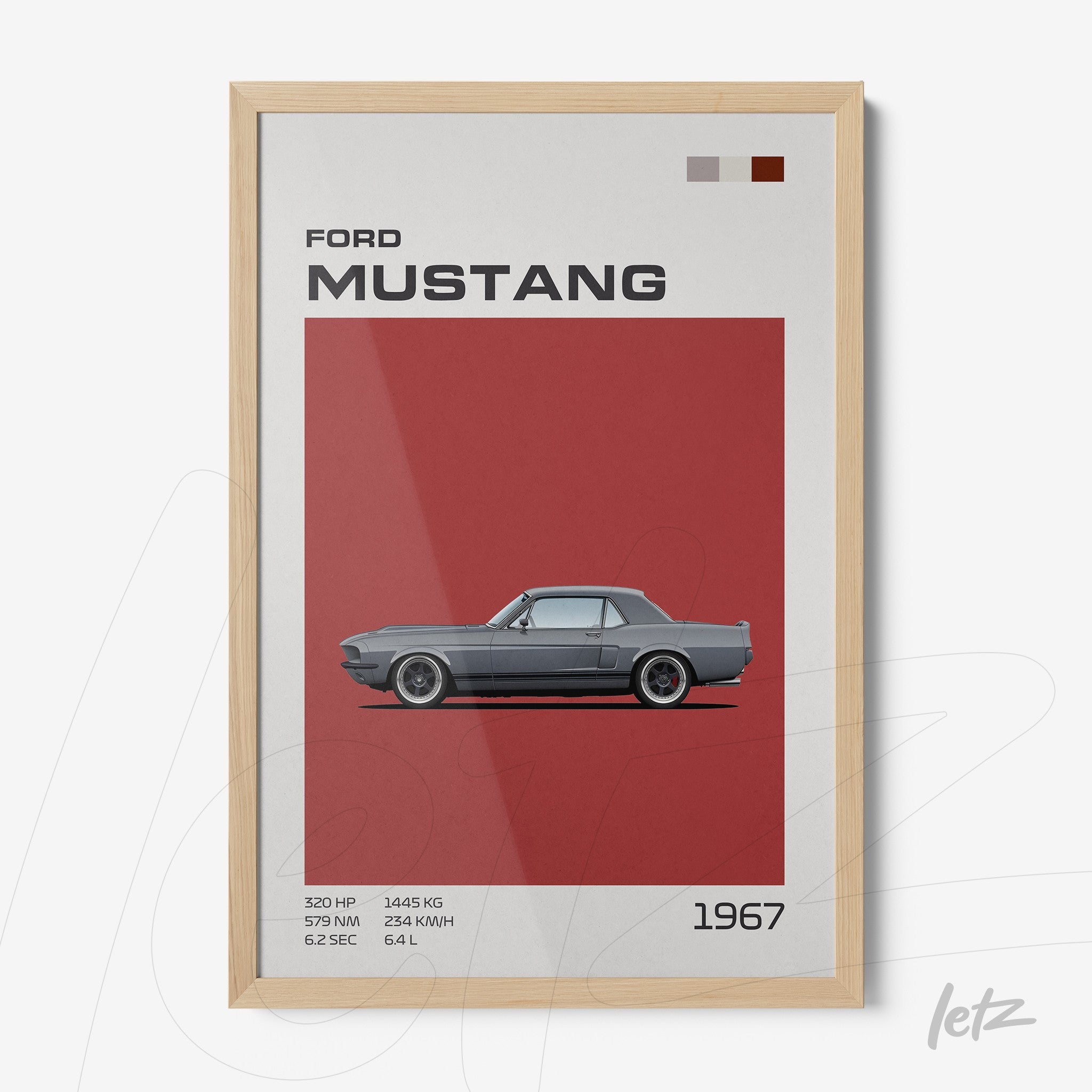 framed artwork featuring 1967 Ford Mustang illustration with light wood frame on red background