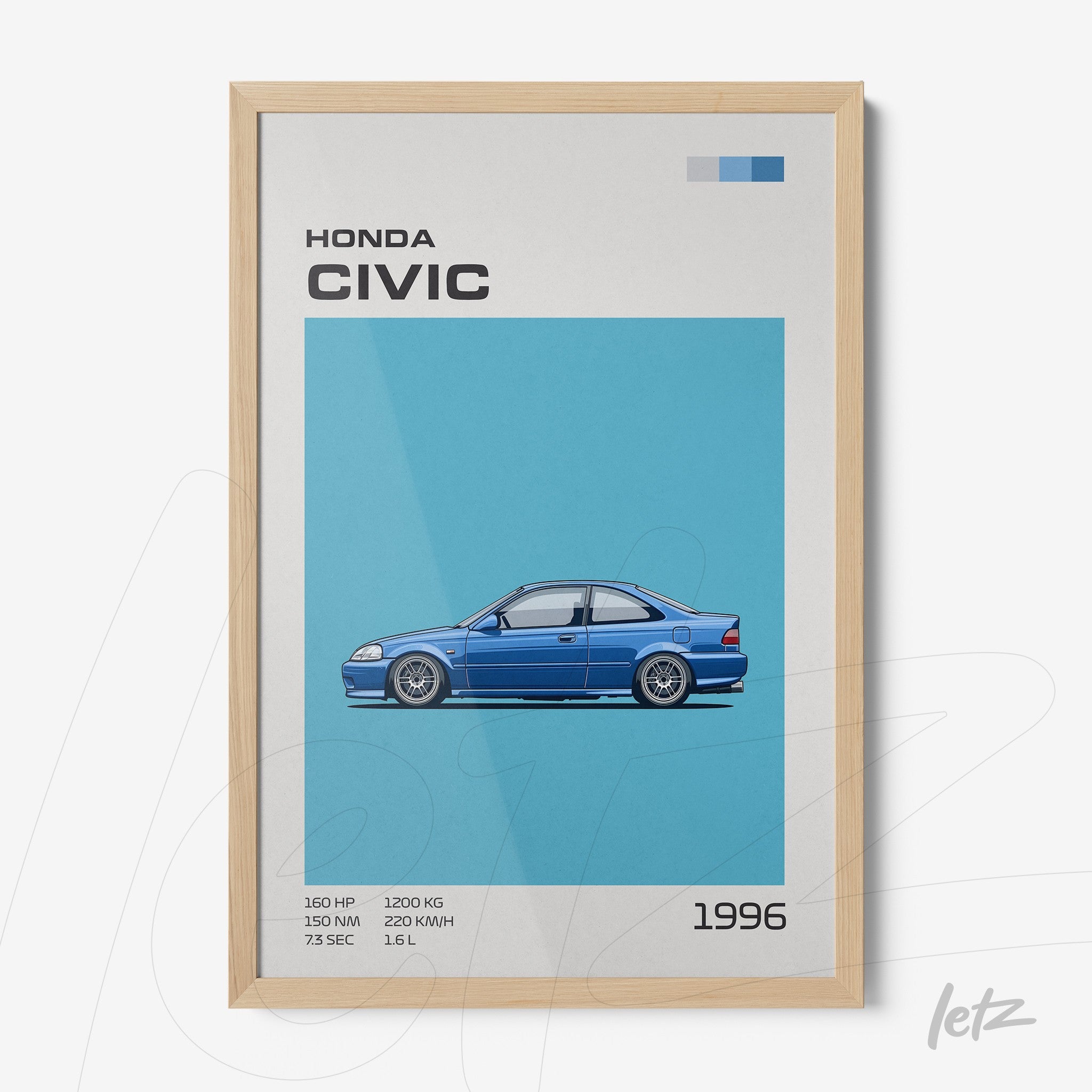 framed art illustration of 1996 Honda Civic in light wood frame