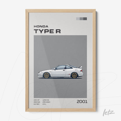 framed wall art featuring an illustration of the 2001 Honda Type R with light wood frame