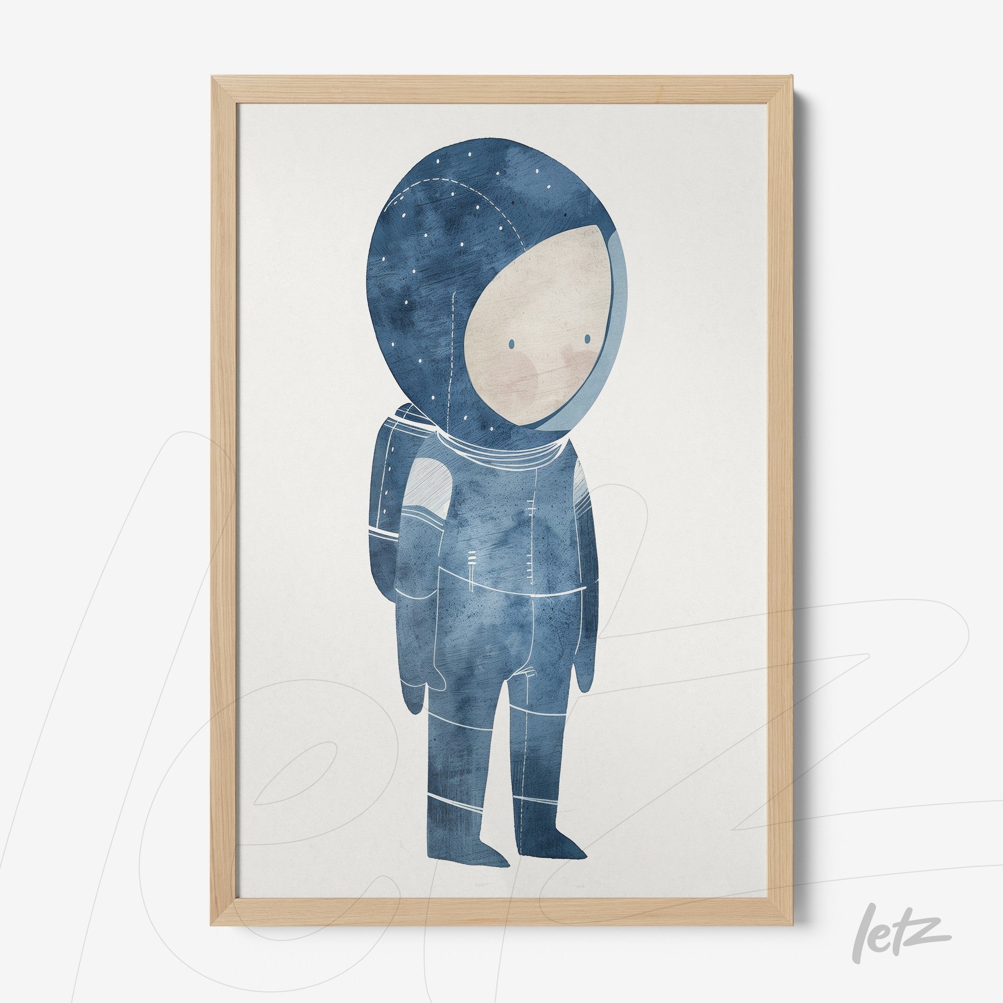 framed artwork of a blue-toned astronaut illustration with a light wood frame