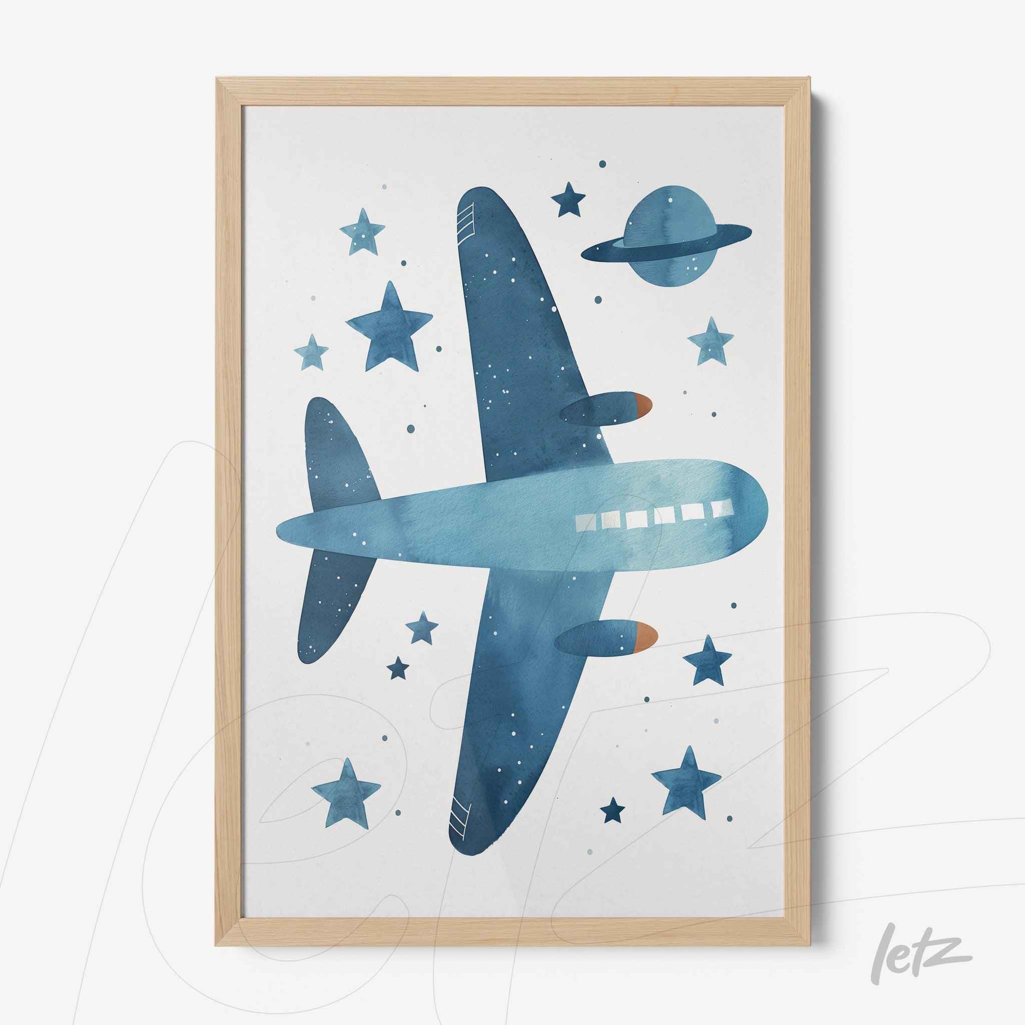 decorative wall art featuring blue airplane illustration surrounded by stars in light wood frame