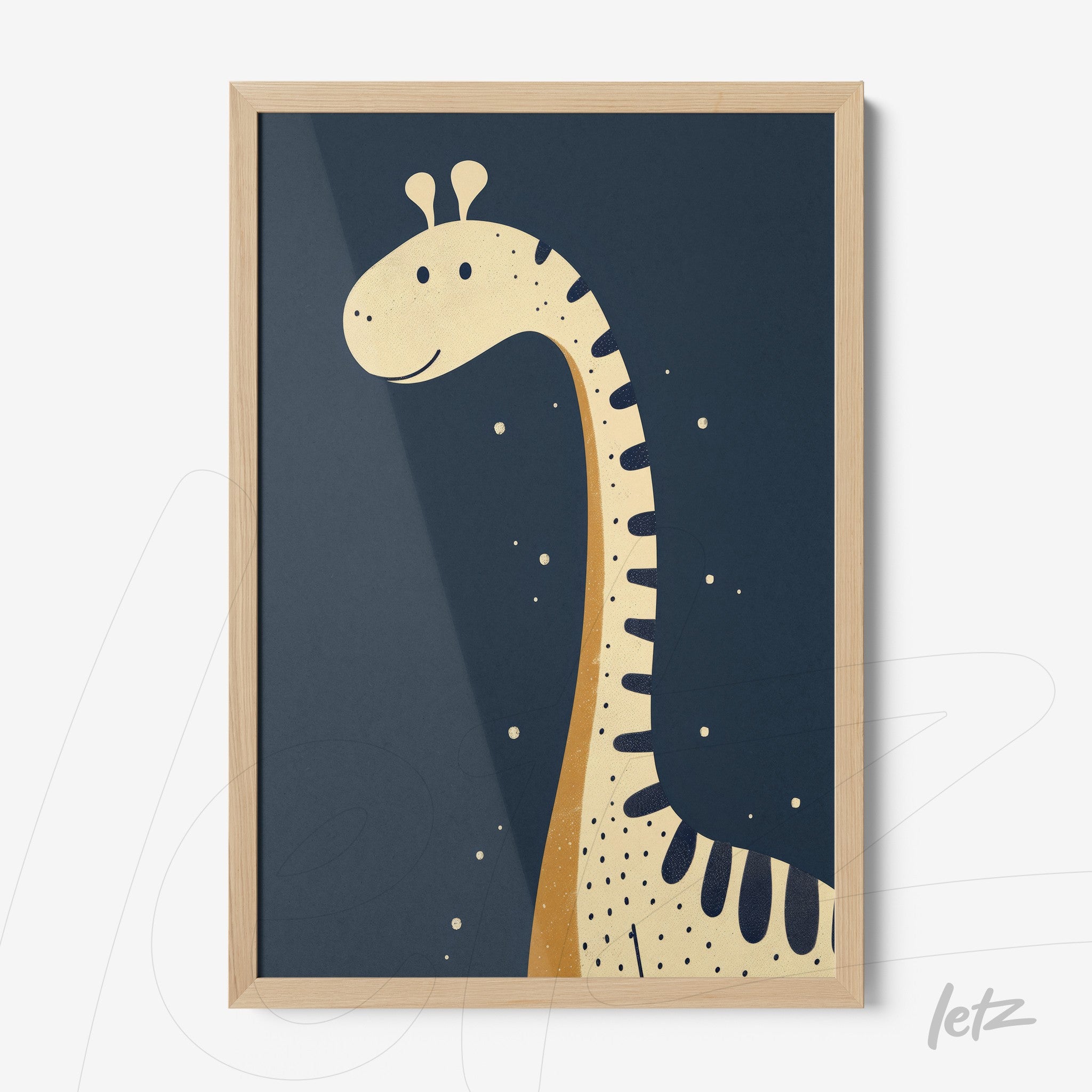 framed art of a giraffe on a dark blue background with a light wood frame