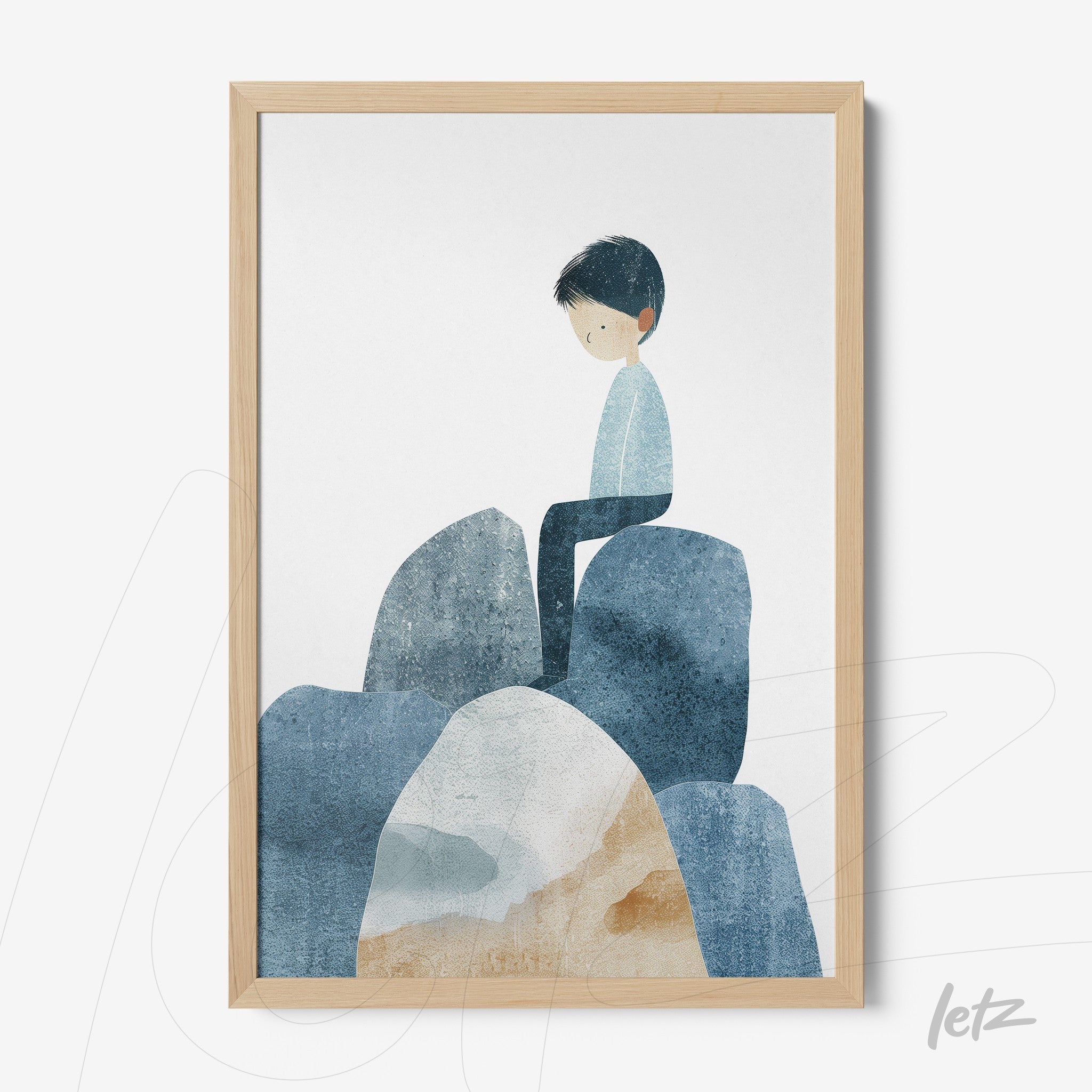 framed artwork featuring a minimalistic illustration of a boy sitting on rocks with light wood frame
