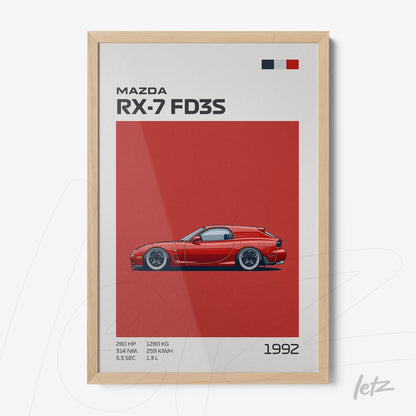 framed artwork featuring a stylized illustration of the mazda rx-7 fd3s on a red background with light wood frame