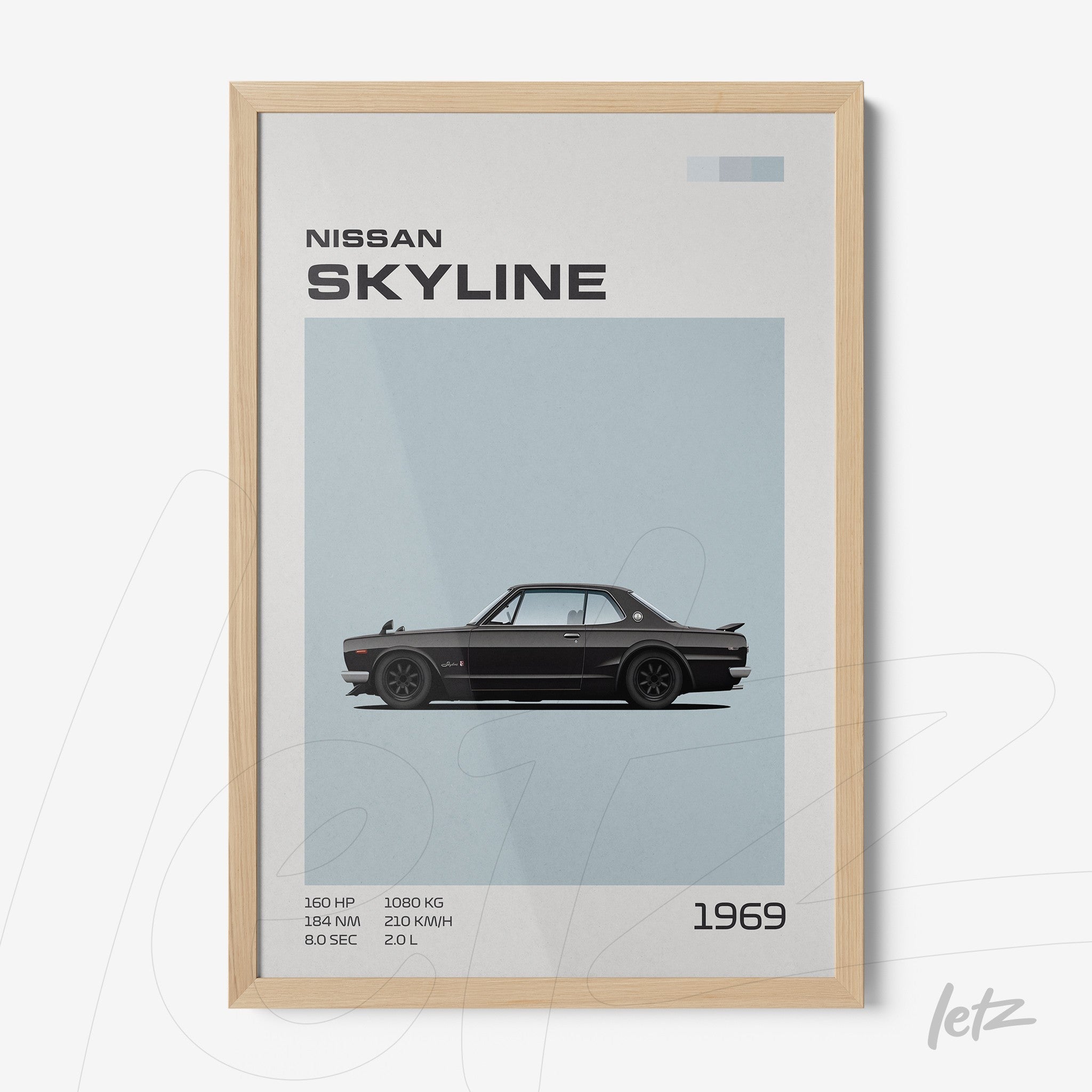 framed artwork featuring a minimalist illustration of a 1969 Nissan Skyline in light wood frame