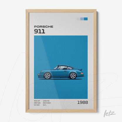 framed digital art of 1988 Porsche 911 in light wood frame