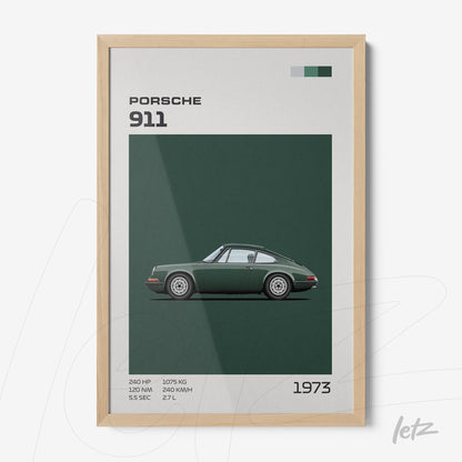 framed artwork featuring a minimalist illustration of a green Porsche 911 on a dark green background with a light wood frame