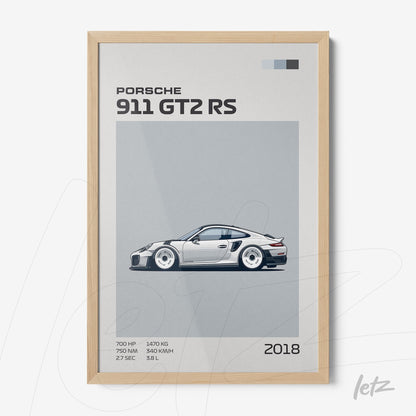 framed wall art featuring a minimalist illustration of the Porsche 911 GT2 RS with a light wood frame