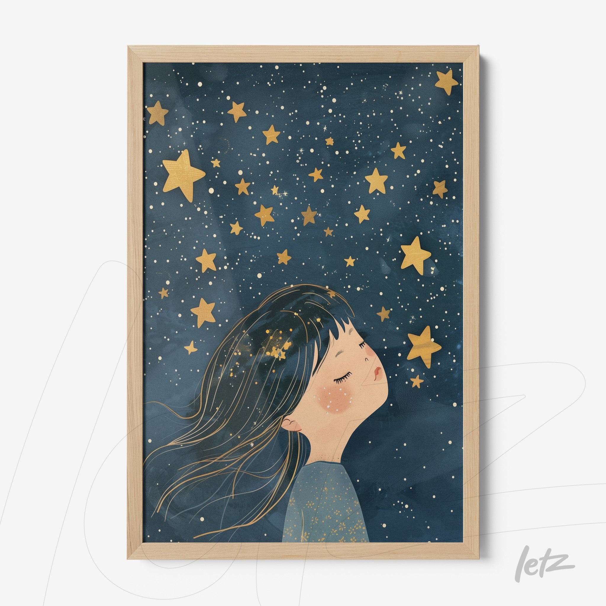 framed art featuring a dreamy girl in a starry night sky with light wood frame