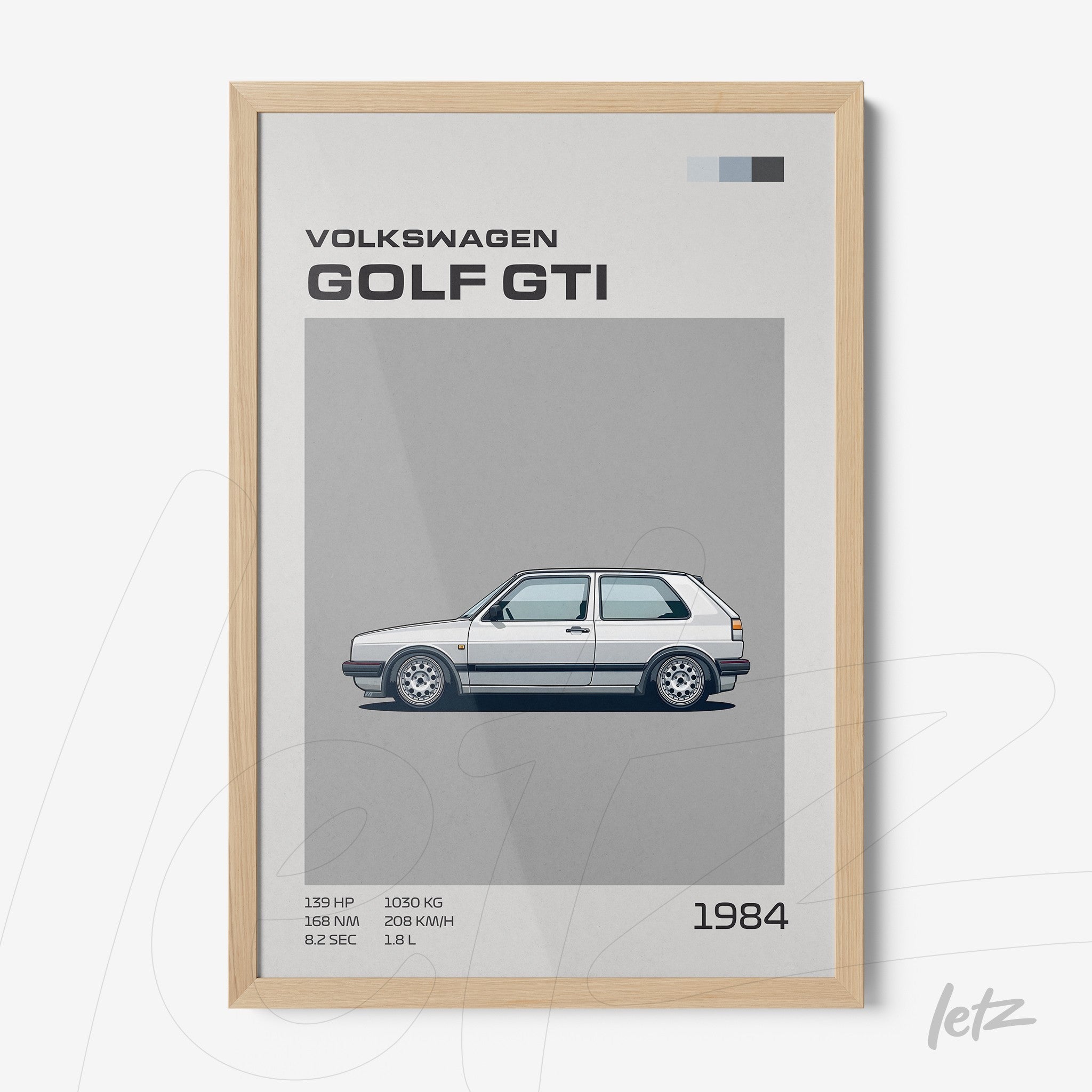 minimalist illustration of a 1984 volkswagen golf gti in light wood frame